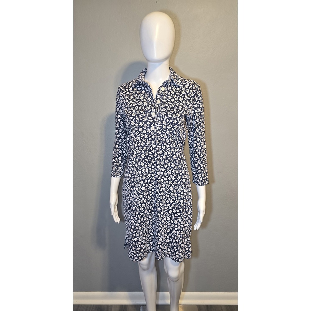 Lands End Blue White Floral Shirt Dress Stretch 3/4 Sleeve Preppy Coastal Sz XS